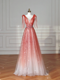 Niulatu V Neck Tulle Sequins Prom Dress Strawberry Pink A Line Long Evening Dress HZ1007
