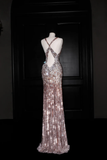 Niulatu Deep V Sequin Backless Long Evening Dress Formal Prom Dress HZ1007