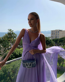 Niulatu Purple V Neck Tulle Prom Dress Long Evening Gown HZ1007