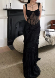 Niulatu Black Sheath Straps Lace Chiffon Long Prom Dress Evening Dress HZ0113