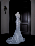 Niulatu Mermaid Sequin Beaded Evening Dress Blue Tulle Prom Dress HZ1007