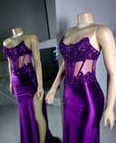 Niulatu Strapless Satin Lace Appliques Prom Party Dress Mermaid Sexy Split Evening Dress HZ1007
