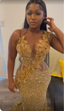 Niulatu Gold Sequins Appliques Evening Dress Mermaid Prom Dress HZ1007