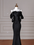 Niulatu Black Spaghetti Straps Satin Off The Shoulder Mermaid Evening Dress Prom Dress HZ1007