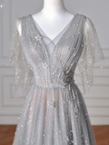 Niulatu Gray Tulle Sequins A Line Prom Dress Sexy V Neck Evening Dress HZ1007