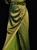 Niulatu Olive Green Satin Off The Shoulder Slit Prom Dress Slit Mermaid Evening Dress HZ1007