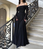 Niulatu Black Long Evening Dress Black Formal Gown with Bell Sleeves HZ1007