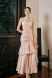 Niulatu Pink Sweetheart Straps Mermaid Evening Dress Satin Long Prom Dress HZ1007