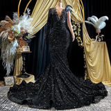Niulatu Sequins Rhinestone Applique Long Sleeve Mermaid Prom Dress Evening Dress HZ1007