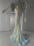 Niulatu Spaghetti Straps Sequins Mermaid V-neck Backless Long Prom Dresses Evening Dresses HZ1007