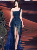 Niulatu Blue One Shoulder Tulle Sequins Evening Dress Long Slit Prom Dress HZ1007