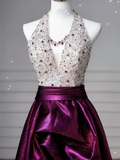 Niulatu Halter Purple Beaded Satin A Line Prom Dress Long Evening Dress HZ1007