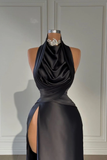 Niulatu Long Evening Dress Satin Halter With High Slit Pleated HZ1007