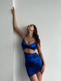 Niulatu Blue Sheath Spaghetti Strap Satin Mini Homecoming Dress Cocktail Dress HZ0113