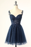 Niulatu Blue Spaghetti Straps Short Homecoming Dress With Appliques HZ0113