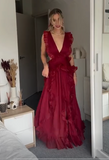 Niulatu Burgundy Chiffon Ruffles Evening Dress Slit Prom Dress HZ1007
