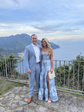 Niulatu Blue Satin Print Floral Tiered Pearls Beaded Evening Dress A Line Slit Party Prom Dress HZ1007