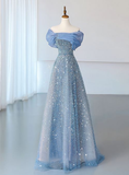 Niulatu Tulle Sequins Evening Dress Off The Shoulder Pleats A Line Prom Dress HZ1007