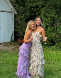 Niulatu Spaghetti Straps Lavender Chiffon Print Floral Evening Dress Ruffles Long Prom Dress HZ1007