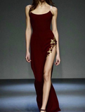 Niulatu Burgundy Mermaid Appliques Evening Dress Side Slit Prom Dress HZ1007