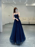 Niulatu A line Straps Tulle Navy Blue Prom Dresses Formal Evening Dress HZ1007