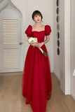 Niulatu Red Tulle A Line Prom Dress Long Evening Dress HZ1007