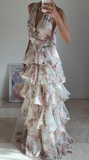 Niulatu Chiffon Print Floral A Line Backless Prom Dress V Neck Halter Layered Evening Dress HZ1007