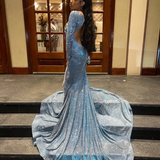Niulatu Blue Satin Beaded Appliques Formal Prom Dress Sexy Backless Mermaid Evening Dress HZ1007