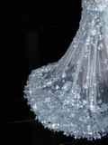 Niulatu Blue Tulle Sequins Appliques Mermaid Evening Dress Long Prom Dress HZ1007