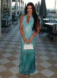 Niulatu Blue Chiffon Backless Printed Long Prom Dress Evening Gown HZ1007