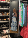Niulatu Blue Sleeveless V-Neck Lace Ruffle Tiered Evening Dress Formal Prom Dress HZ1007