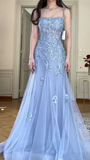 Niulatu Blue Tulle Appliques Mermaid Evening Dress Long Prom Dress HZ1007