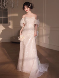 Niulatu A-Line Off-Shoulder Tulle Sequins Beaded Long Prom Dress Formal Evening Dress HZ1007
