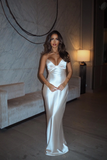 Niulatu Spaghetti Straps Long Bridesmaid Dress White Satin Prom Evening Dress HZ1007