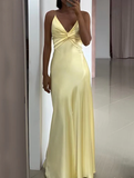 Niulatu Yellow V Neck Satin A Line Prom Dress Evening Dress HZ1007