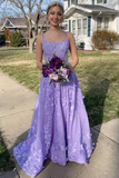 Niulatu Lavender Spaghetti Straps A-Line 3D Lace Floral Long Prom Dress A Line Evening Dress HZ1007