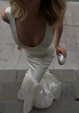 Niulatu Elegant Mermaid V Neck Satin Long Prom Dress Wedding Dress HZ0113