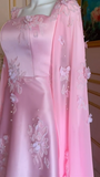 Niulatu Pink Satin Long A Line Evening Dress Pretty Appliques Prom Dress HZ1007