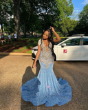 Niulatu prom dress sexy shimmering blue evening gown HZ1007