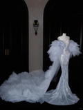 Niulatu Mermaid Sequin Beaded Evening Dress Blue Tulle Prom Dress HZ1007