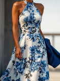 Niulatu Arrive Sleeveless Satin Floral Print Halter Neck A Line Evening Dress Blue Prom Dress HZ1007