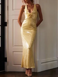 Niulatu V Neck Yellow Sequins Sheath Prom Evening Dress With Flowers HZ1007