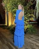 Niulatu Sleeves Blue long prom dress evening dress HZ1007