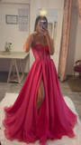 Niulatu Pink A Line Lace Bodice Side Slit Prom Dress Evening Gowns HZ1007