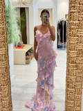 Niulatu Spaghetti Straps V Neck Chiffon Print Prom Dress,Charming Evening Dress HZ1007