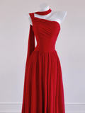 Niulatu Red A Line One Shoulder Chiffon Long Prom Dress Party Dress HZ0113