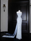 Niulatu Blue Strapless Sequins Beaded sheath Long Prom Dress Evening Dress HZ1007