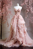 Niulatu Pink Chiffon Tulle Appliques Prom Dress Spaghetti Straps Long Evening Dress HZ1007