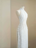 Niulatu White Sequins Pearls Chain Sheath Long Prom Dress Evening Dress HZ1007