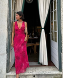 Niulatu Deep V Neck Satin Print Floral Long Evening Gown Prom Dress HZ0113